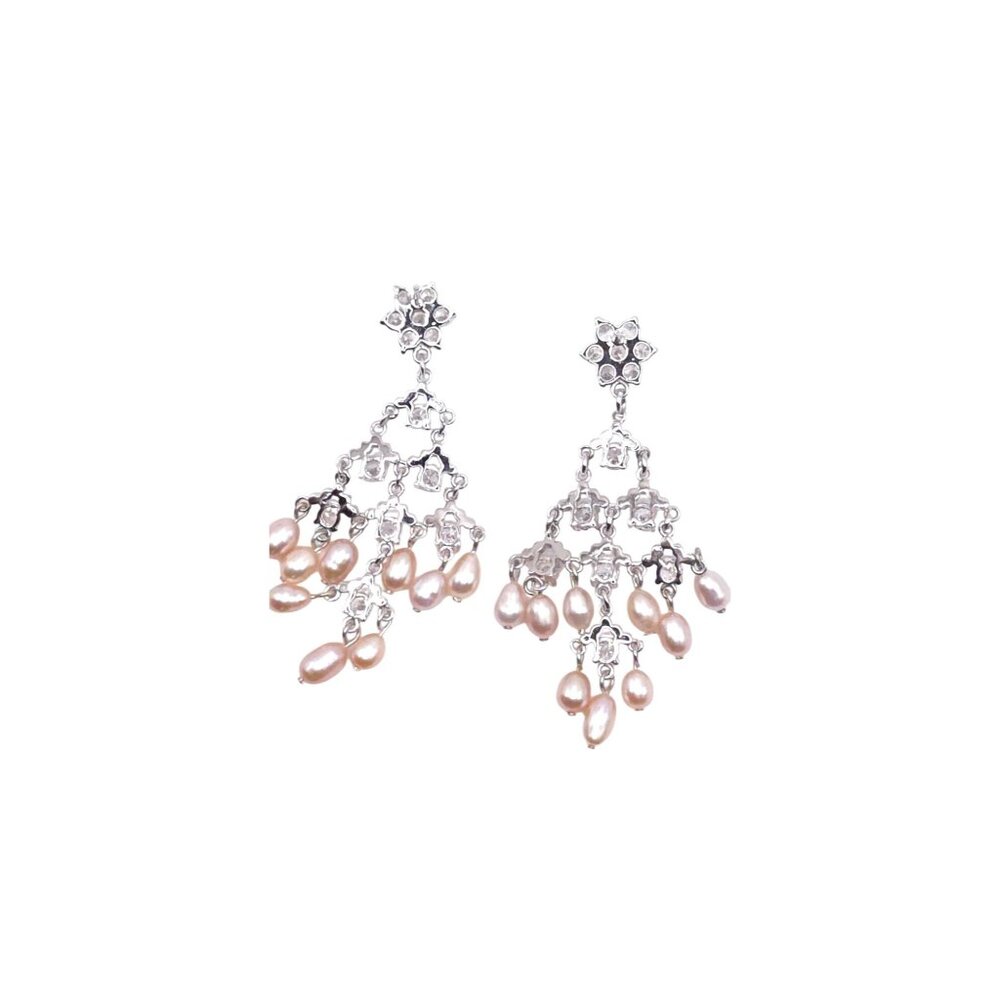 Silver Chandelier Earrings With Pink Pearl Drops & Rhinestone Accents For Women - Picture 8 of 8